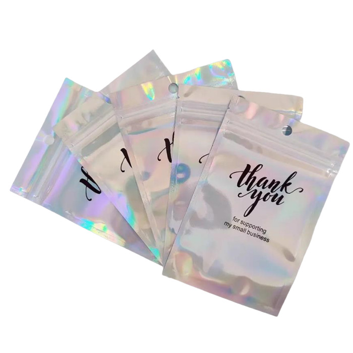 Custom Printed Holographic Transparent Cosmetic Hologram Zipper Top Seed Flower 3 Sides Self Sealing Packaging Bag