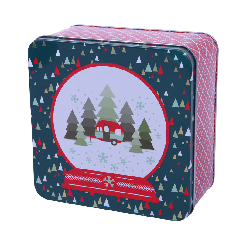 Happy New Year Xmas Metal Candy Tin Biscuit Box Packaging Chocolate Cookie Storage Gift Tin Box Square Candy Tin Can